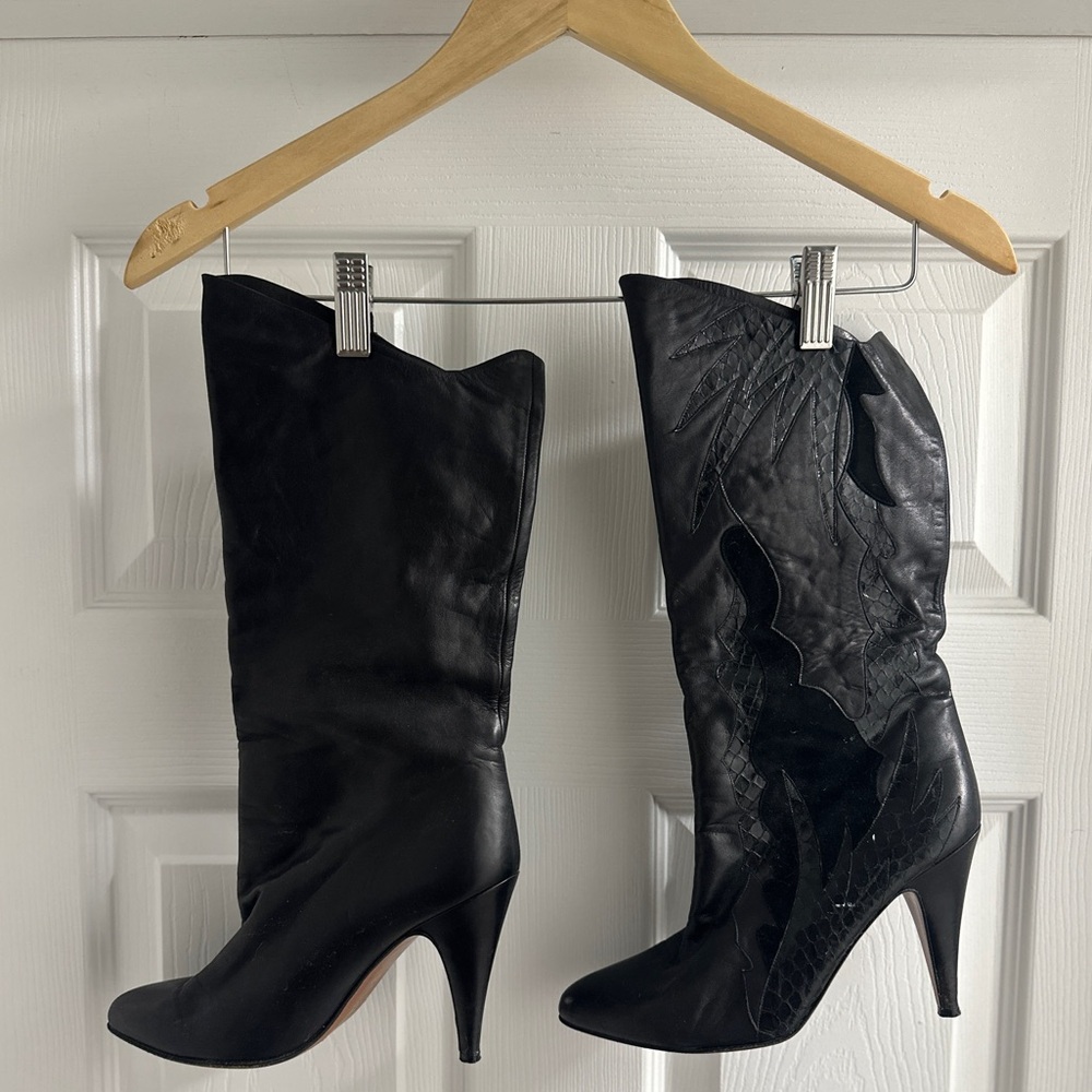 Vintage Black Leather Heeled Boots